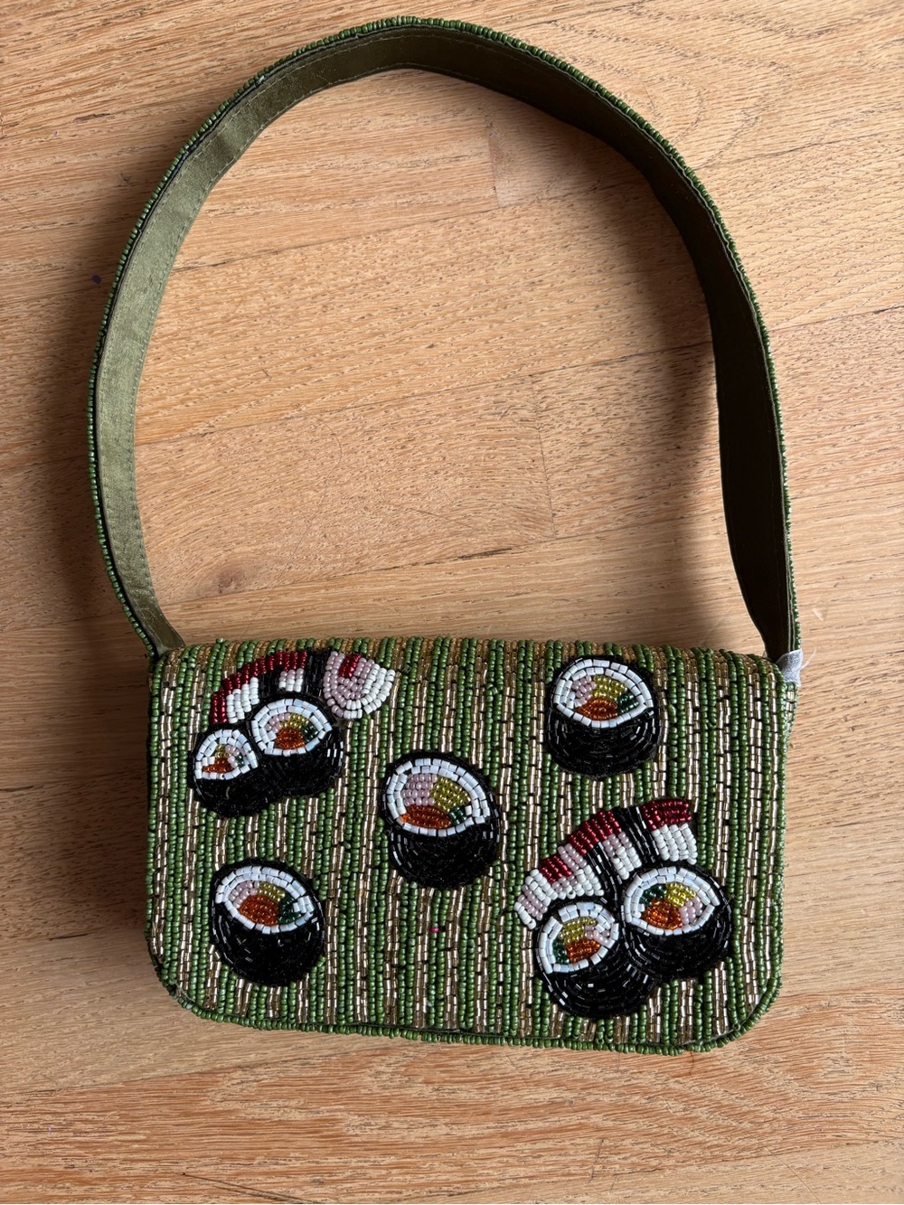 Beaded Green Sushi Motif Shoulder Bag